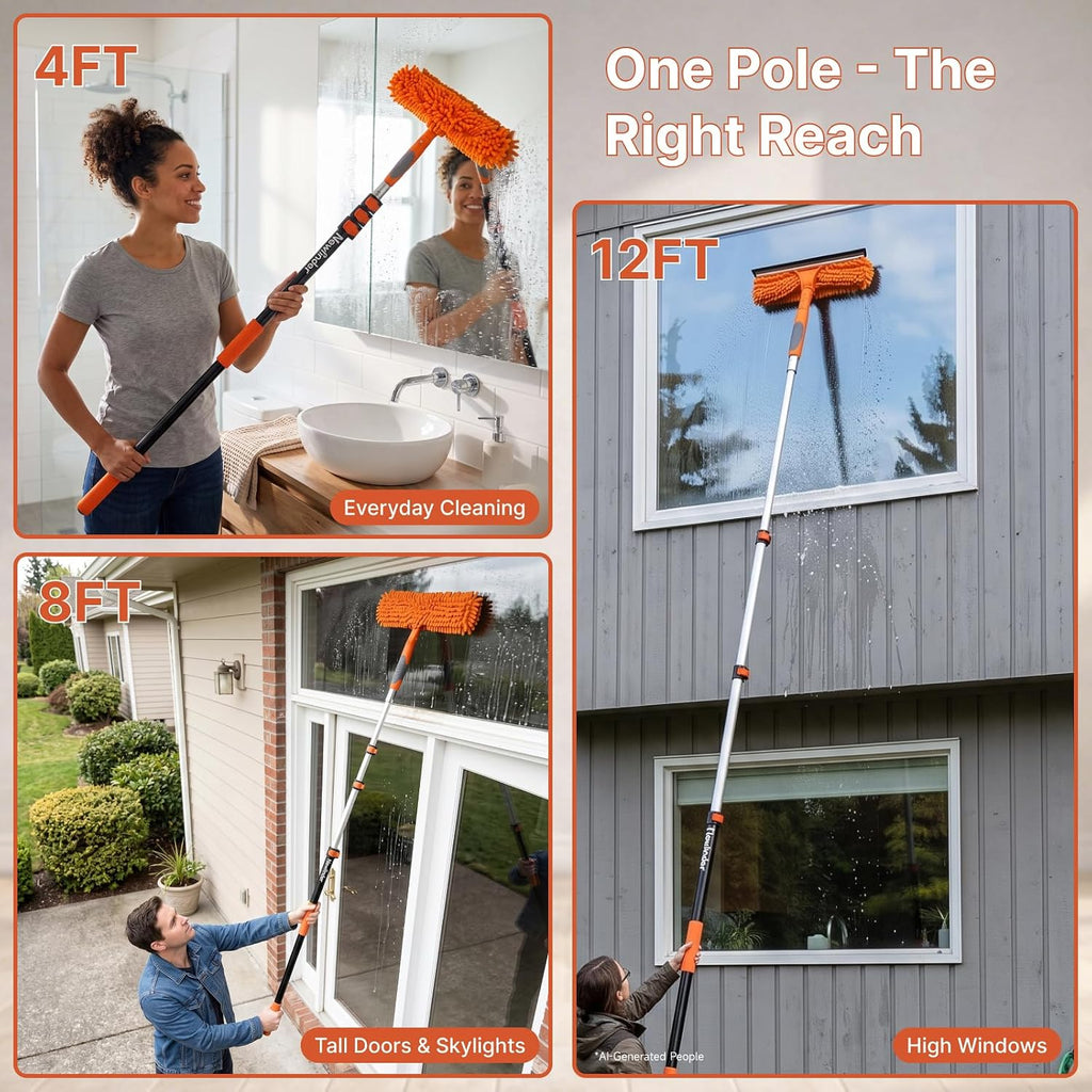 20FT High Reach Window Washer & Squeegee with 4-12FT Grooved Extension Pole