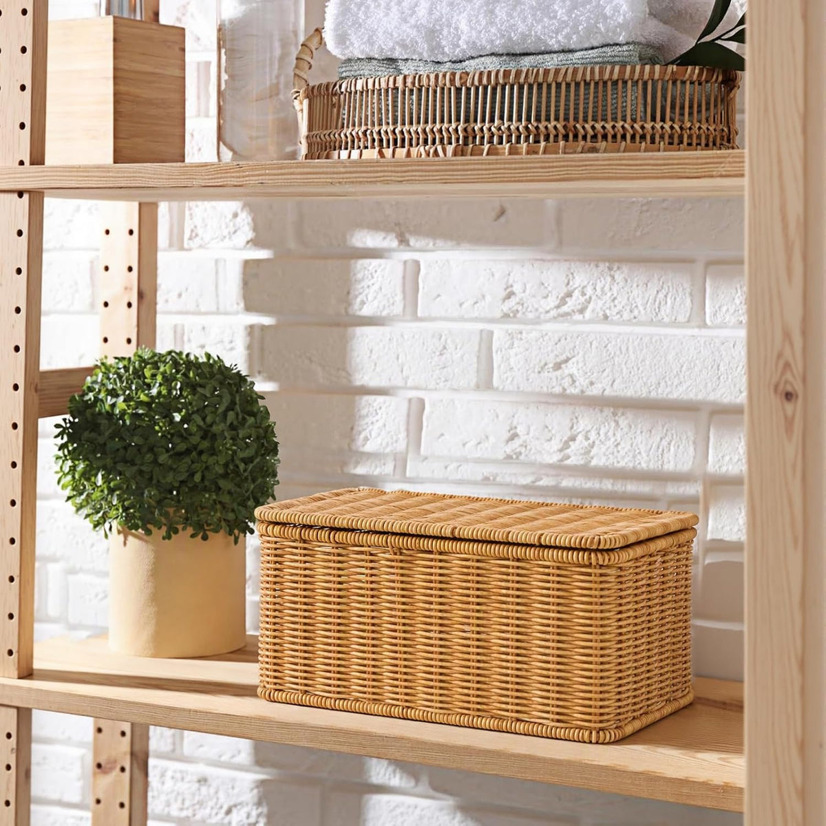 Sumnacon Wicker Storage Basket with Lid, Rectangle Bathroom Narrow Baskets