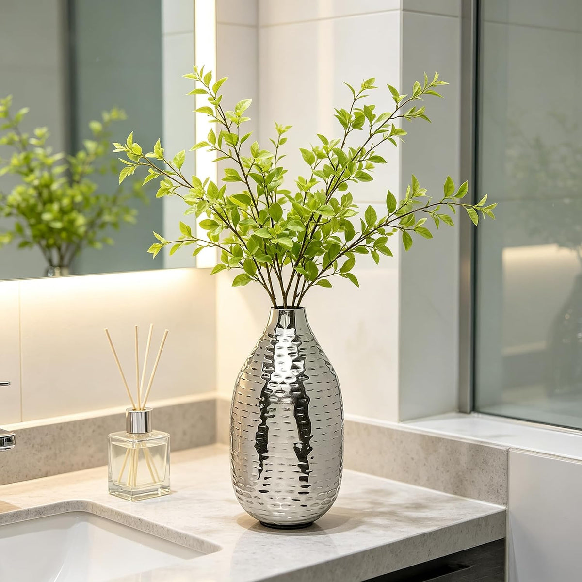 Hosley Silver Vase for Decor 8.75" Hammered Metal Flower Vase, Modern Tabletop Centerpiece Vases for Living Room Decor, Dining Table, Weddings, Faux Dried Floral Decorative Vases