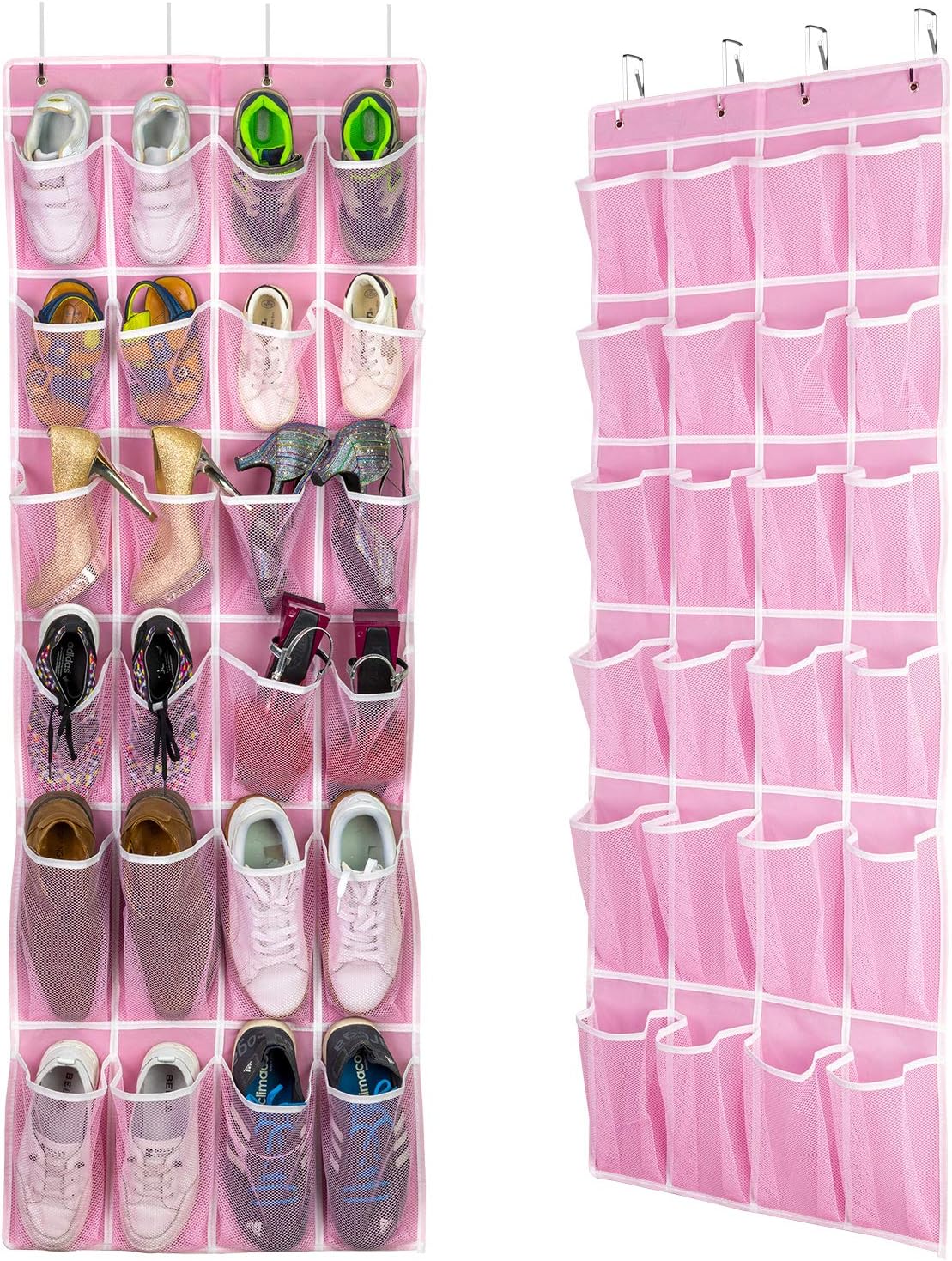 SAVERHO 2 Pack Hanging Shoe Organizer, Over Door Shoe Organizer with 24 Mesh Large Pockets Shoe Storage Bag for Closet Entryway Dorm, Space Saving Hanging Door Shoe Rack Organizer (Pink-2pack)