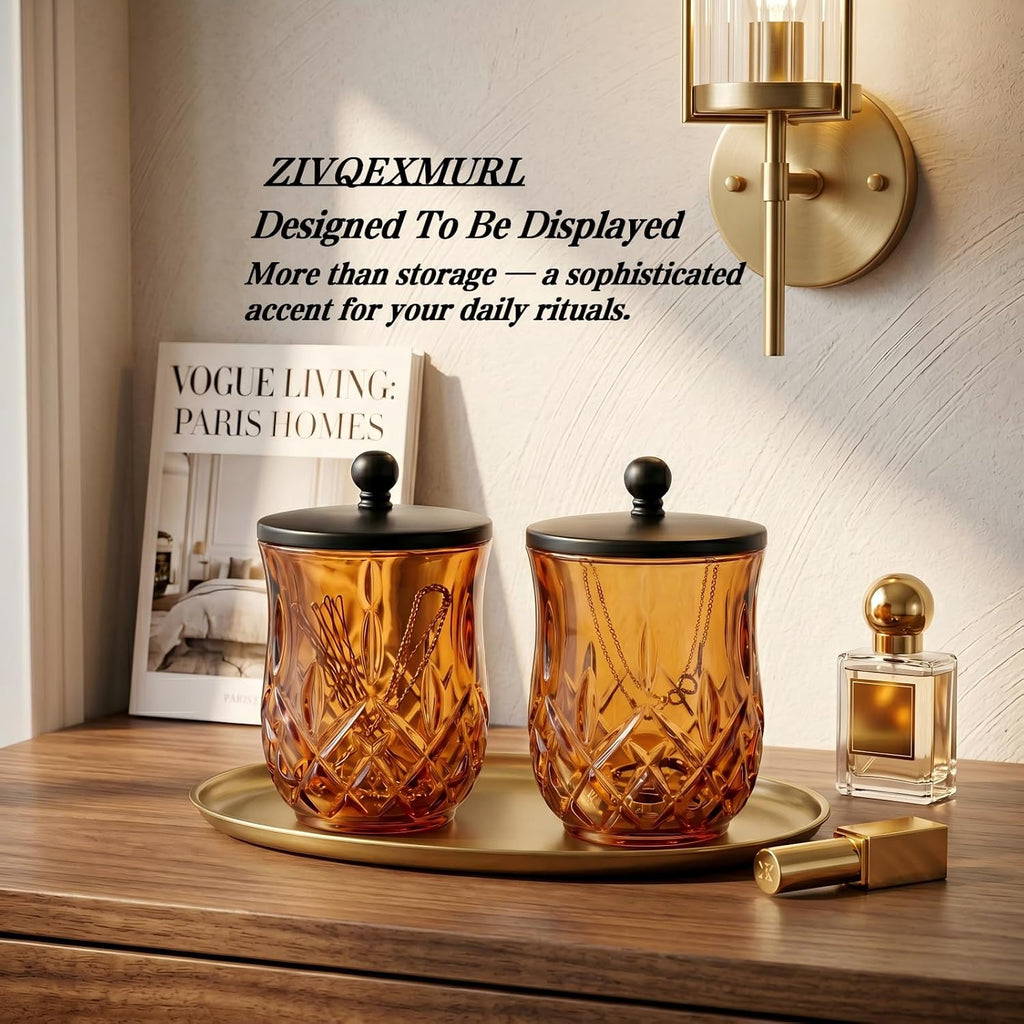 2 Pack 10Oz Amber Q-Tip Holder, Round Thick Glass
