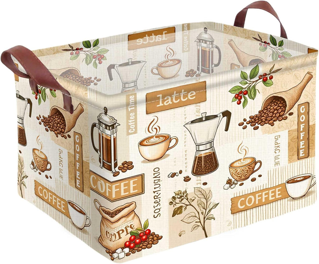 Coffee Theme Storage Basket Home Decor Waterproof Canvas Toy Storage Bin Collapsible Outdoor Basket with Leather Handles Coffee Bean Cup Blanket Baskets For Closets,Bedrooms,Gifts Baskets