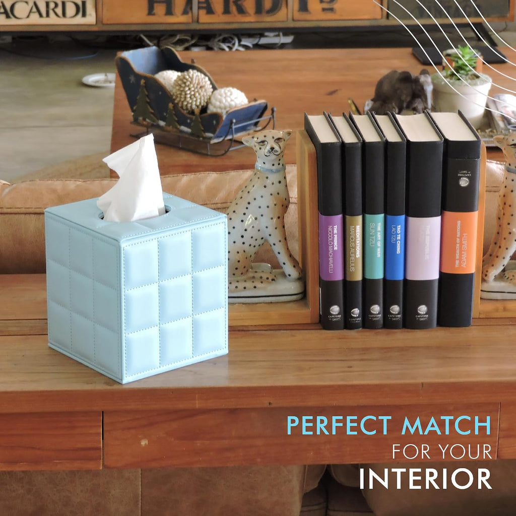 Luxury 5 Star Hotel Style Tissue Box Cover - Sturdy and Stylish Tissue Box Holder with a Custom Height and Modern PU Leather Exterior, 13.5x13.5x15cm - Light Blue