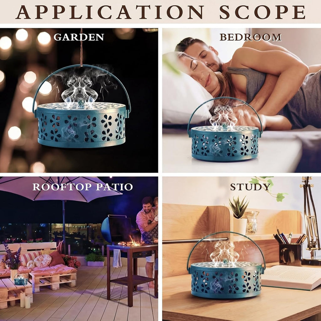 Lallisa 4 Pieces Mosquito Coil Holder Incense Coil Holder Retro Portable Round Metal Hanging Incense Burner Holders with Handle for Home Indoor Outdoor Camping Patio (Blue)