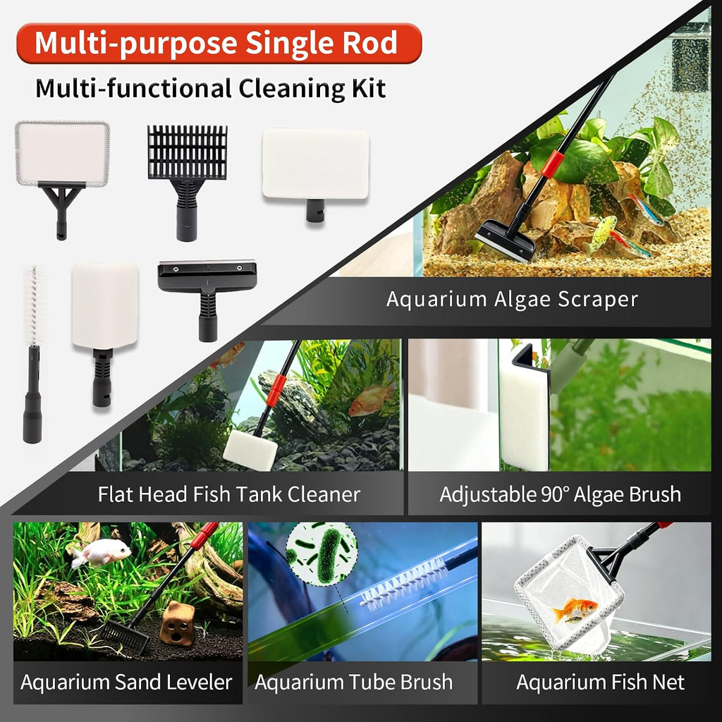 UPETTOOLS Aquarium Clean Tool 6 in 1 Fish Tank Cleaning Kit Algae Scraper Scrubber Pad Adjustable Long Handle Fish Tank Brush Cleaner Set