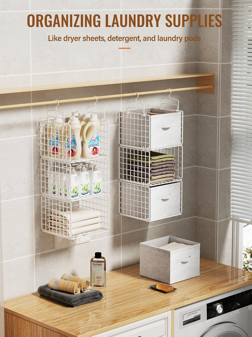 Closet Hanging Organizer with Drawers, 6 Tier Metal Closet Organizers and Storage with 4 Hanging Hooks 4 S-Hooks for Wardrobe Laundry Room, Wire Storage Shelf for Clothes Sweaters Pants (White)
