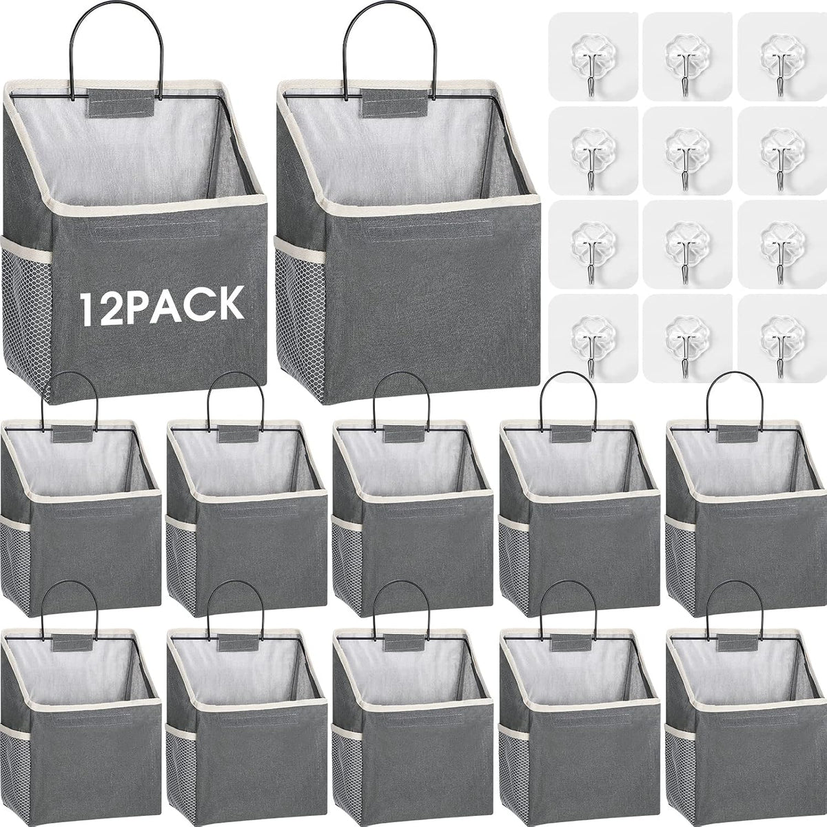 Woanger 12 Pcs Wall Hanging Storage Bag Wall Hanging Organizer Bag Over The Door Closet Basket Containers Bins with Hooks Pockets for Bedroom Bathroom, 15 x 4.3 x 8.7''(Gray)
