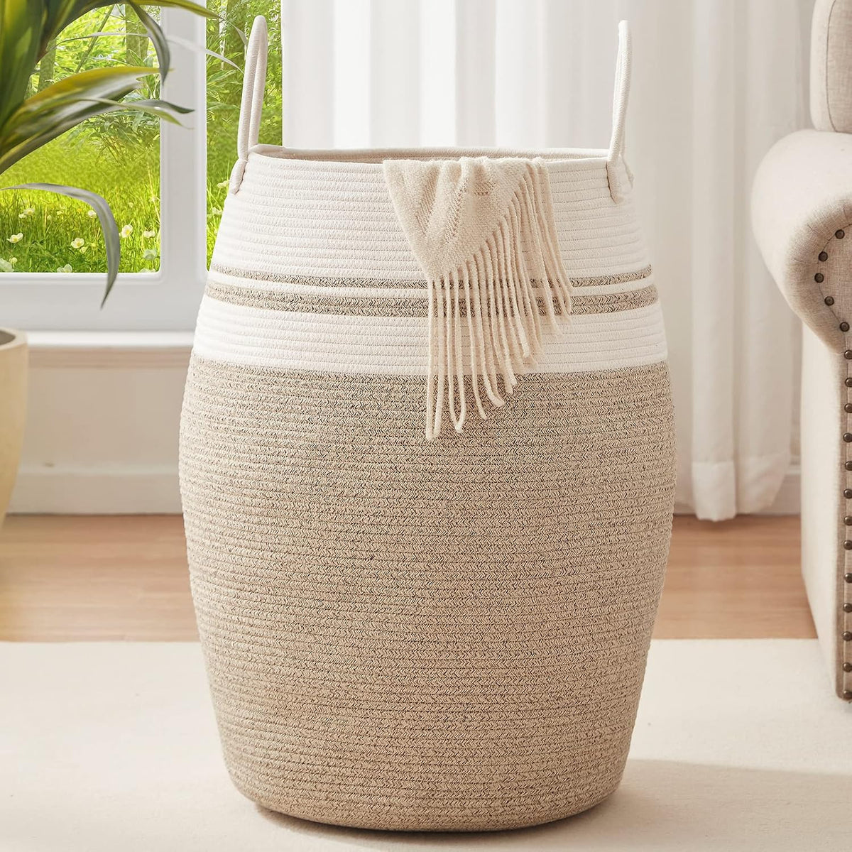 OIAHOMY 105L Laundry Hamper Woven Cotton Rope Large Clothes Hamper Brown