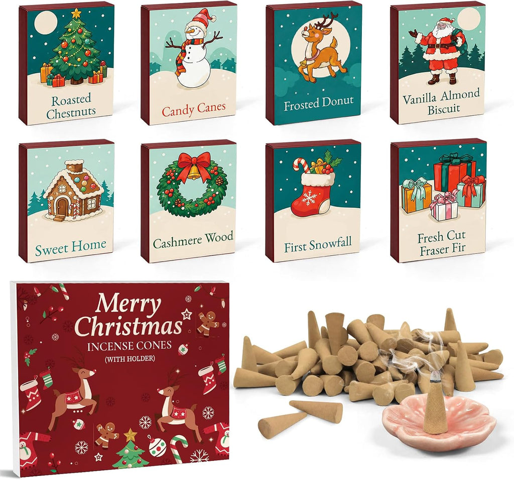 Incense Cones 120 PCS 8 Scents with Ceramic Holder Christmas Home Gift