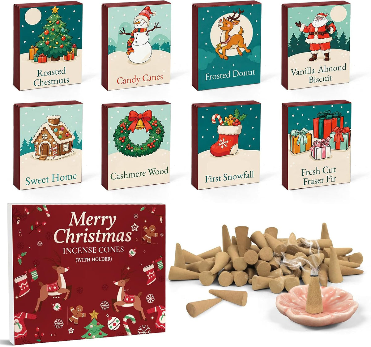 Incense Cones 120 PCS 8 Scents with Ceramic Holder Christmas Home Gift