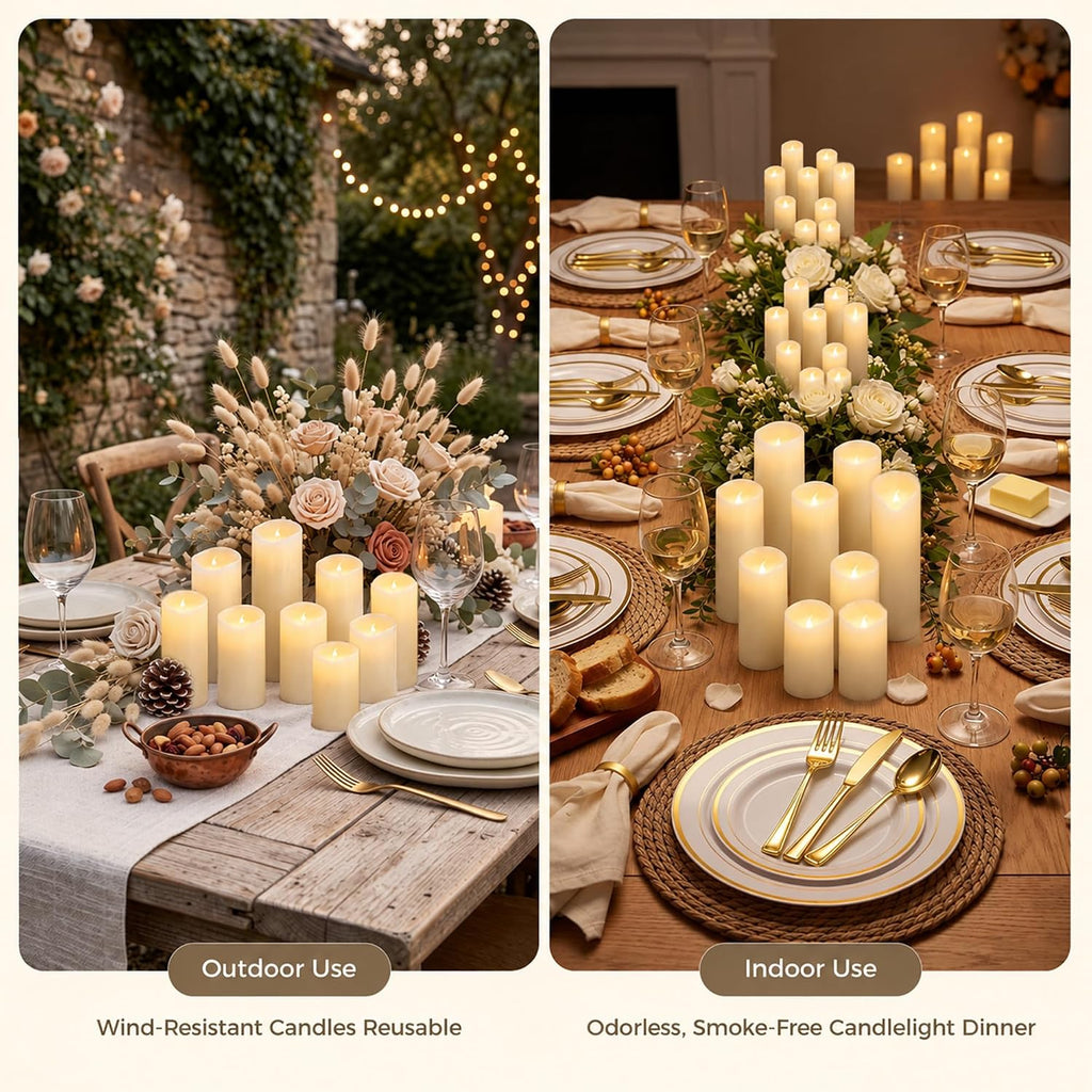 Goodluck Real Paraffin Wax Flameless Pillar Candles, Set of 9 - Ivory