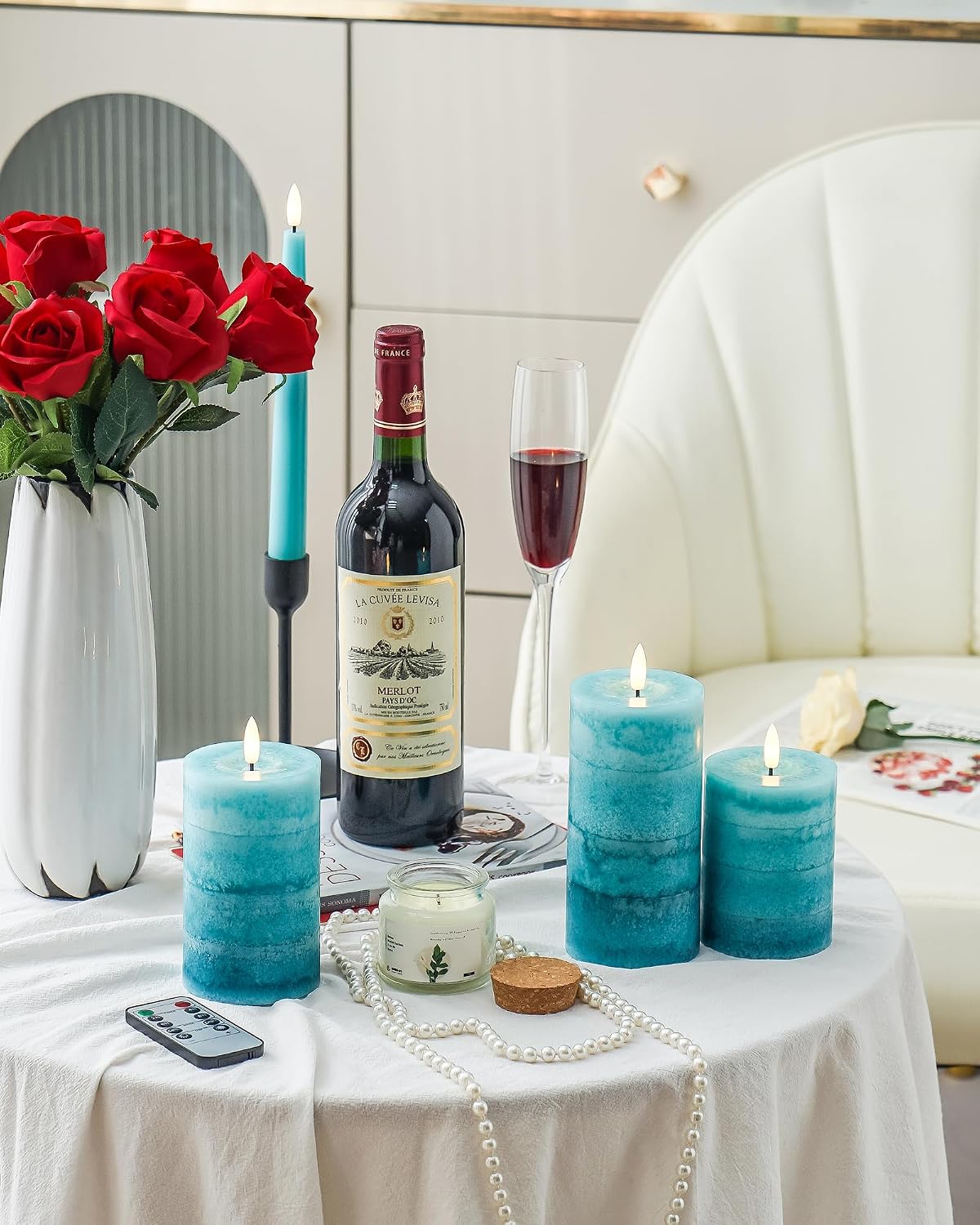 Stmarry Gradient Teal Flameless Candles with Remote and Timer, Real Wax Made LED Pillar Candles Battery Operated with 3D Flickering Flame - 3" x 4", 3" x 5", 3" x 6" - Set of 3 Turquoise Candles