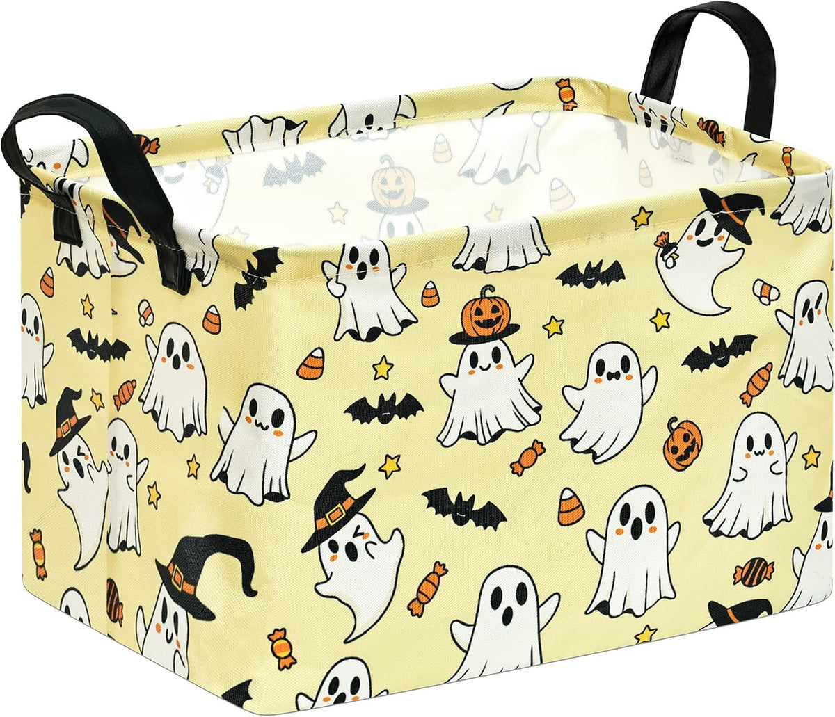 Halloween Storage Basket, Yellow Ghost Pumpkin Cotton Linen Storage Bin with Leather Handles, Foldable Rectangle Organizer for Toys, Clothes, Gifts, Bedroom, Playroom, Nursery