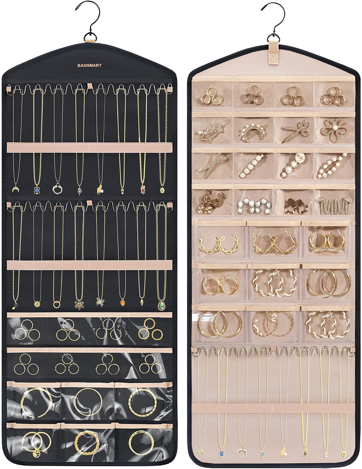 BAGSMART Hanging Jewelry Organizer with Hanger Metal Hooks Double-Sided Jewelry Holder for Organizing Earrings Necklaces Rings Perfect for in Hanging Closet, Wall, Door, 1 Piece, Large, Black