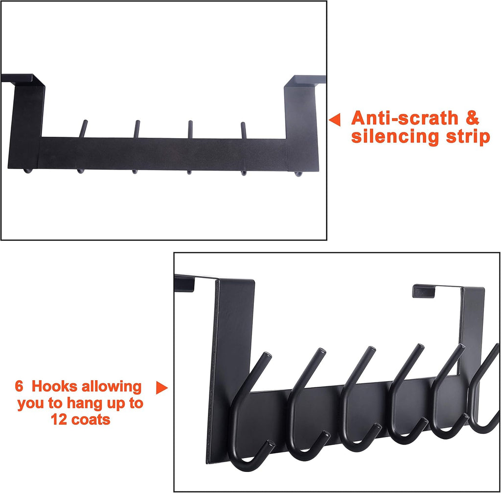 SKOLOO Over The Door Hook - 6 Hooks, No Assembly Required, Stainless Steel Door Hooks, Over Door Coat Rack for Hanging Coats Clothes Hats Robes, Black