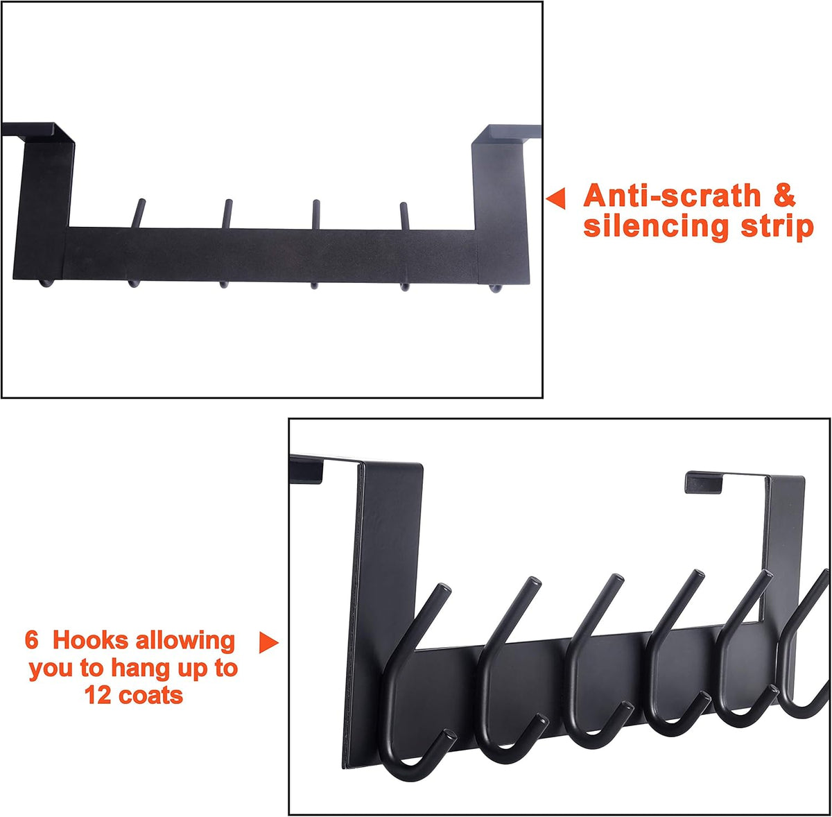 SKOLOO Over The Door Hook - 6 Hooks, No Assembly Required, Stainless Steel Door Hooks, Over Door Coat Rack for Hanging Coats Clothes Hats Robes, Black