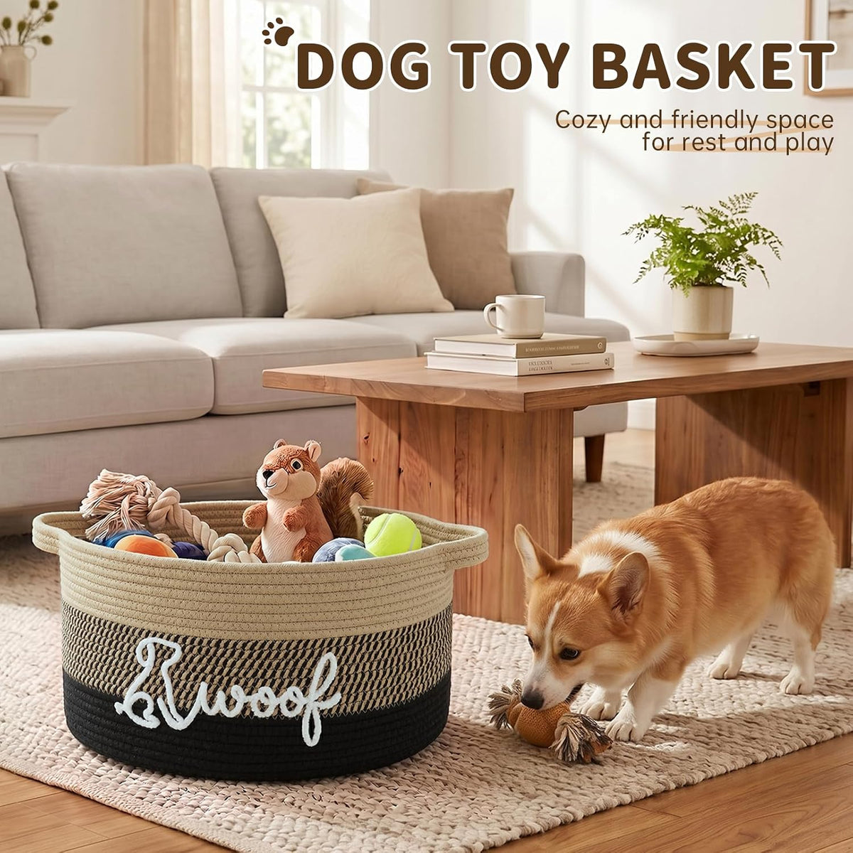 OIAHOMY 22L Large Dog Toy Basket, 16.5"x11.4"x9" Cotton Rope Basket with Cute Woof Embroidery, Soft Woven Pet Toy Box with Handles for Blankets, Leashes & Puppy Accessories, Yellow Black
