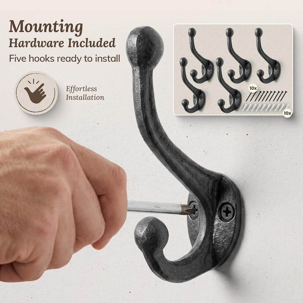 Rustic Cast Iron Coat Hooks (5 Pack) Wall Mounted Farmhouse Decorative Wall Hooks, Vintage Hooks for Hanging Coats, Bags, Hats, Towels (Antique Black, Includes Hardware)