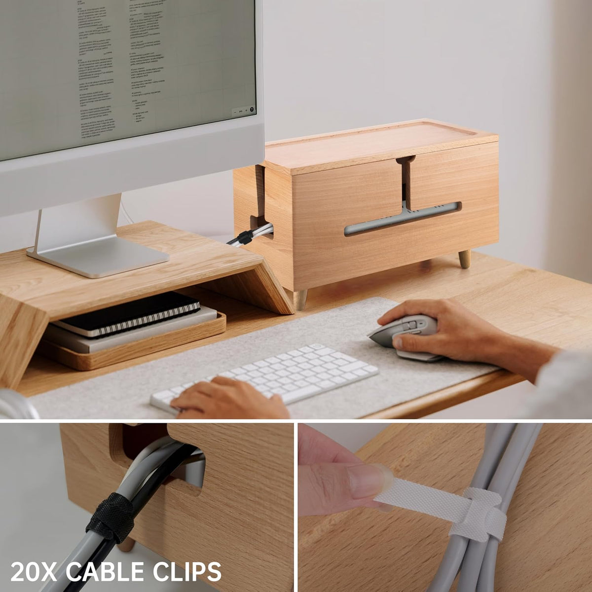 Natural Beechwood Large Cable Management Box for Power Strip & Cord Hider