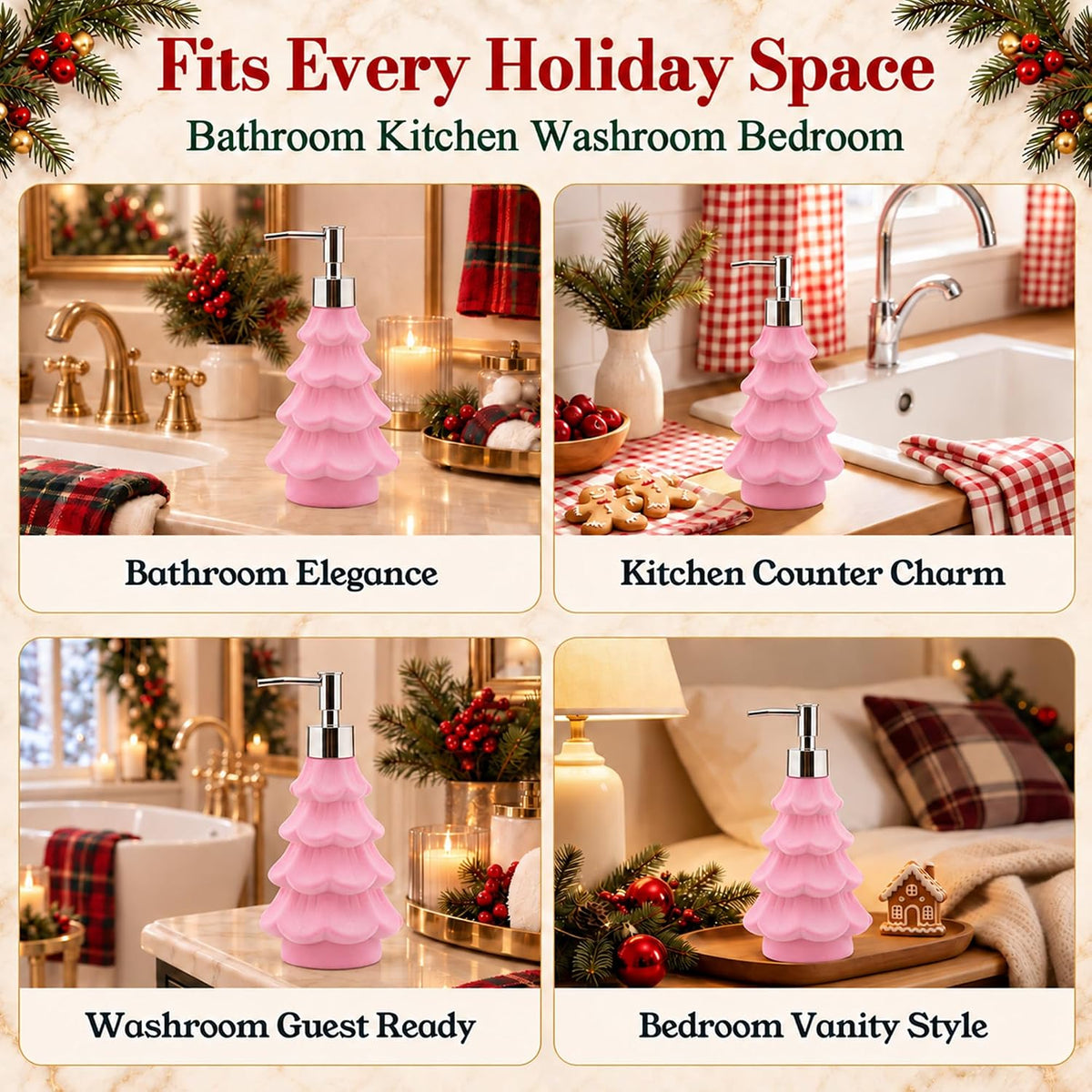 Christmas Soap Dispenser, Flocked Pink Christmas Tree for Bathroom Kitchen