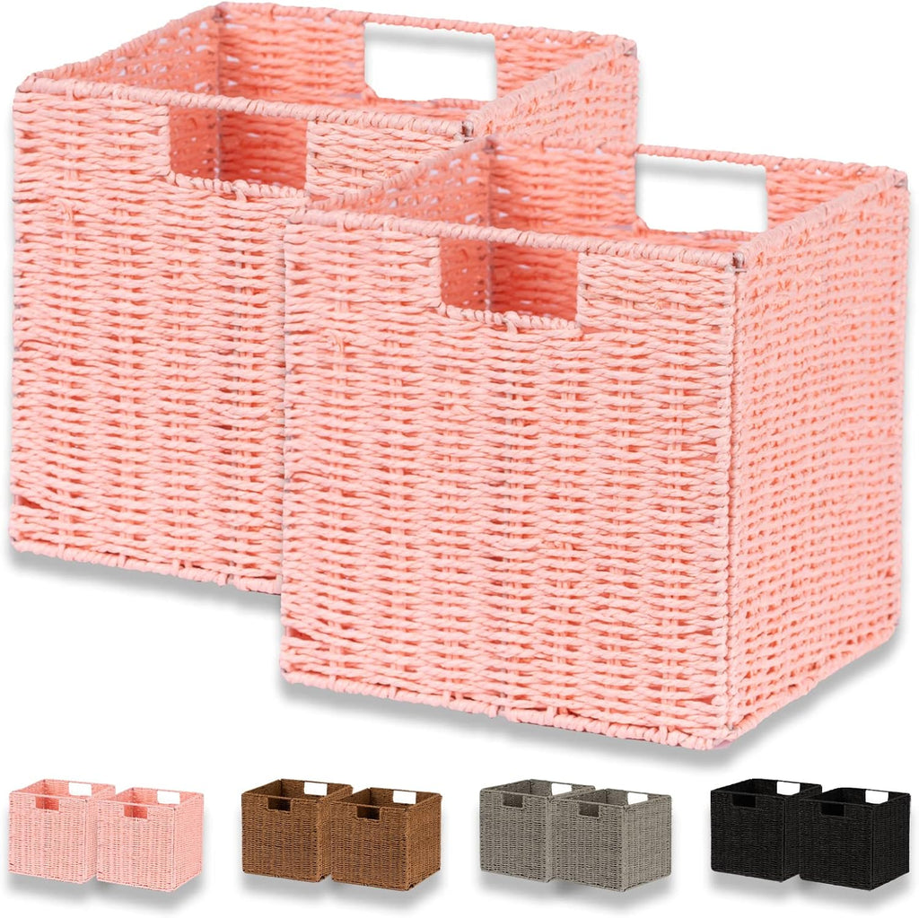 Vagusicc Wicker Storage Basket, Set of 2 Hand-Woven Paper Rope Storage Baskets for Organizing, Pink Cube Storage Bins, 11inch Large Wicker Storage Baskets for Shelves Gifts Pantry Organizing Decor