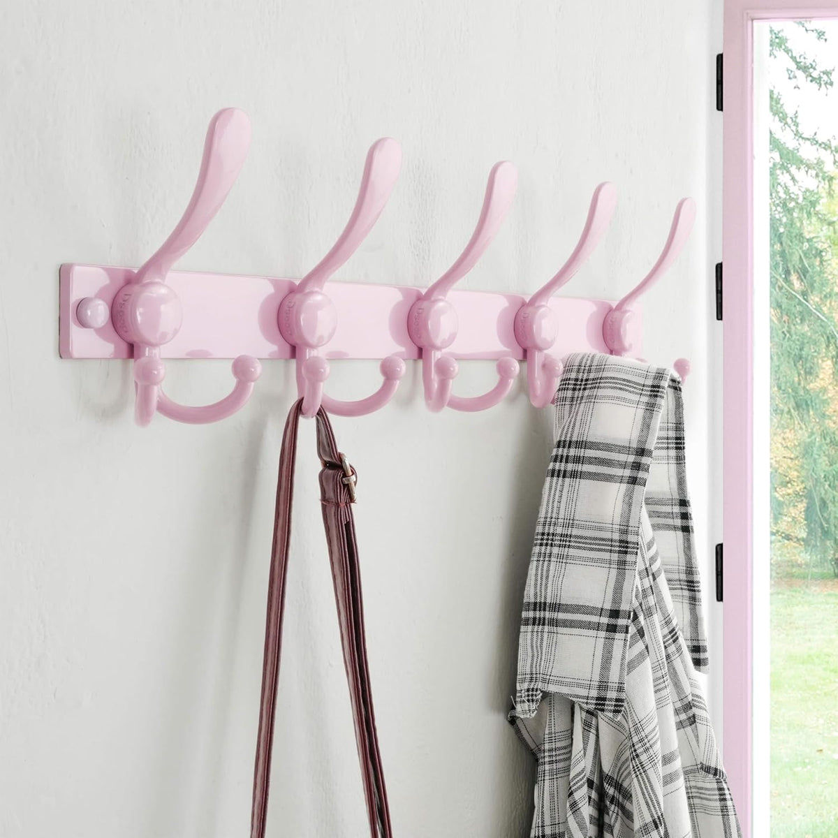 Dseap Coat Rack Wall Mount, Heavy Duty 12-Gauge Base vs Flimsy 1mm, Double-Thick Solid Anti-Snap Hooks, 16” Stud-Mount, Stainless Steel Hanger for Clothes Hat Entryway Closet, Pink, Pack of 2