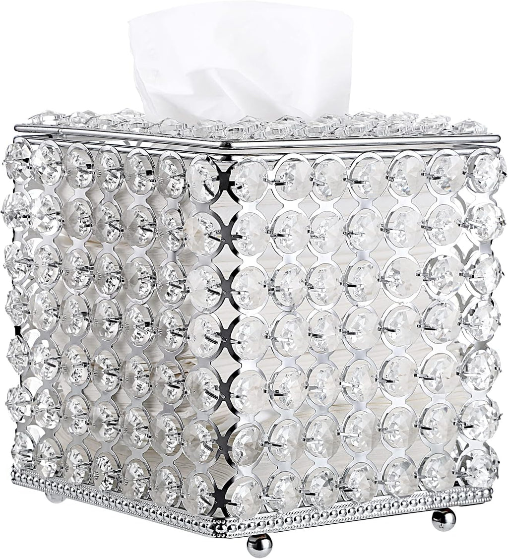 Sumnacon Crystal Square Tissue Box Cover - Decorative Tissue Box Holder, Sparkling Cube Tissue Holder for Bathroom Dresser Night Stand Table Car Store Office Home Decor, Silver