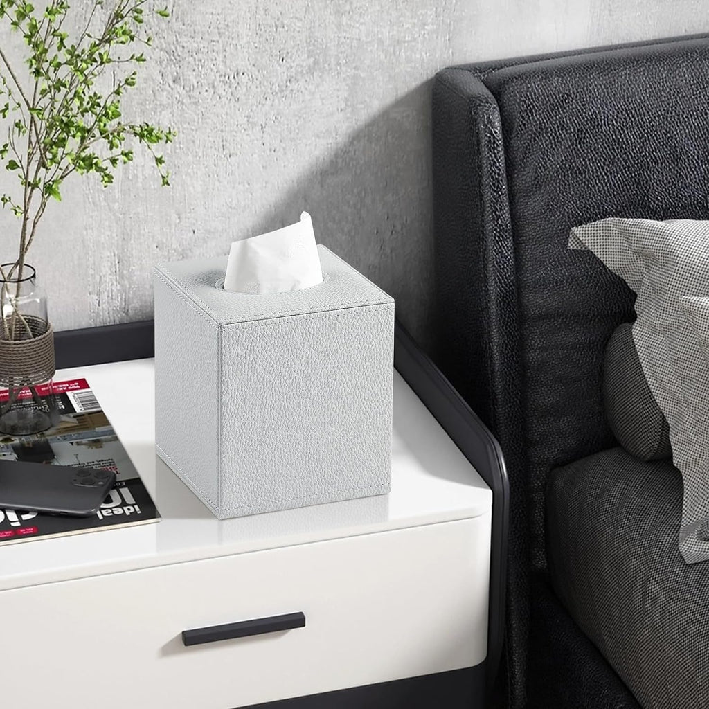 Square Tissue Box Cover with Magnetic Closure Bottom, Grey