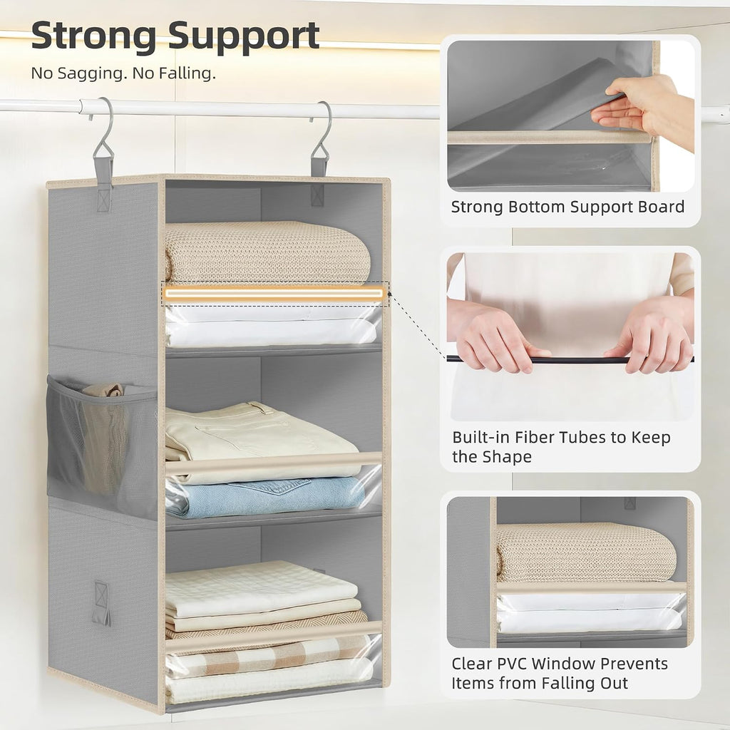 STORAGE MANIAC 6-Shelf Hanging Closet Organizer and Storage, 2 Separable 3-Shelf Haning Organizers for Closet, Collapsible Hanging Shelves Wardrobe Organization, College Dorm Room, Nursery, Gray
