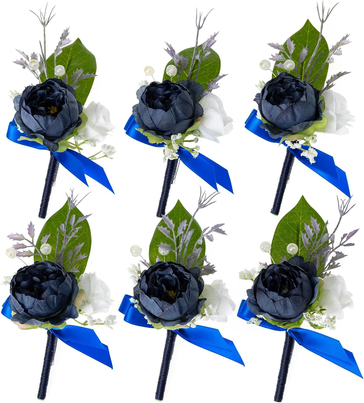 Fnize Navy Blue Boutonniere for Men Set of 6 Groom Groomsmen Wedding