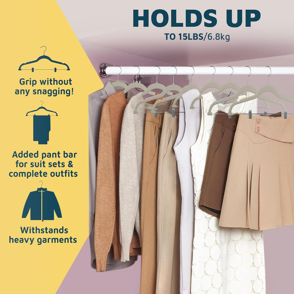 Lifemaster Velvet Skirt Hangers – with Adjustable Clips, 360 Degree Swivel Hook, and Non-Slip Shoulder Notch, Holds Up to 10 lbs, for Organizing Skirt, Pants, Dress, and Clothes, Pack of 50, Ivory
