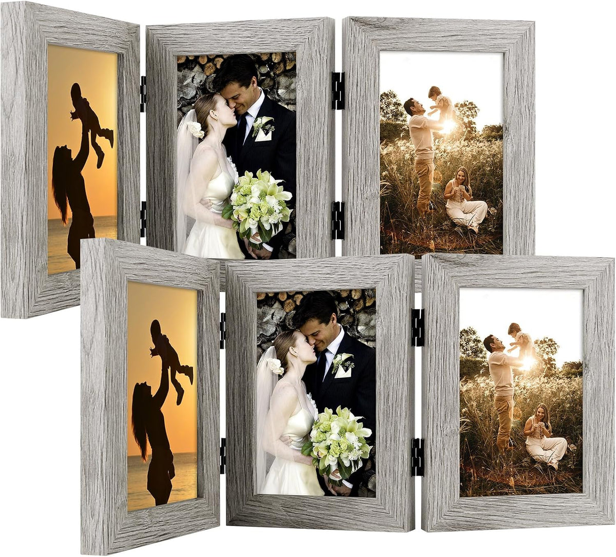 Golden State Art, 4x6 Triple Picture Frame Light Grey- Real Glass, 2 Pack