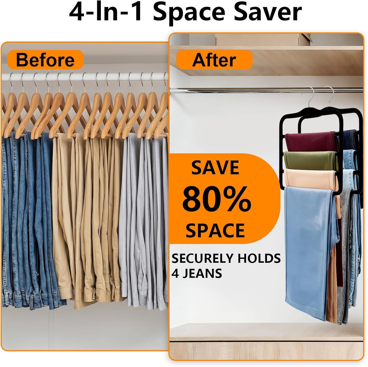 Velvet Pants Hangers Space Saving, Multi-Tier Closet Organizers for Jeans Trousers Skirts Scarves, Non-Slip Vertical Storage for College Dorm & Apartment Essentials (4 Pack-Black)