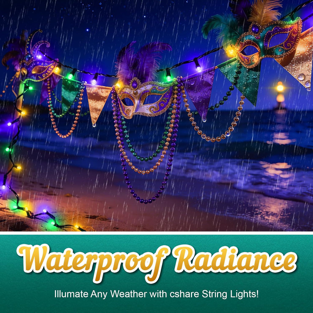 cshare Purple Green and Yellow Lights Battery Operated, Mardi Gras Lights with Timer Waterproof 16.4ft 50 LED Indoor Outdoor Mardi Gras Decorations Garland Party Patio Garden Yard