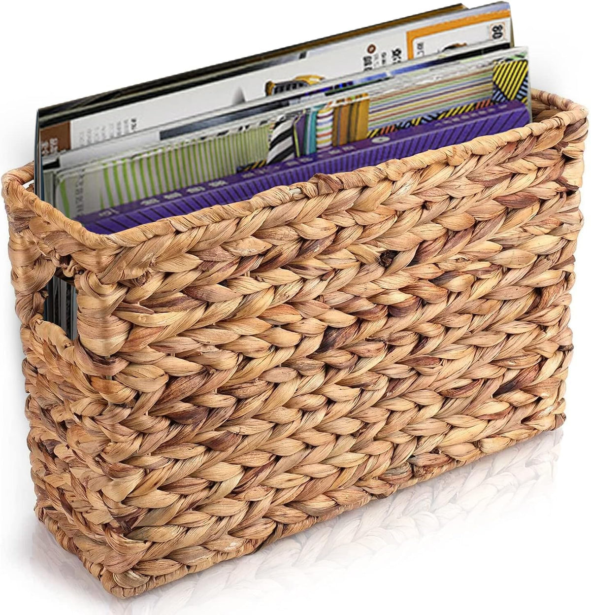 Yesland Hand-Woven Narrow Water Hyacinth Holder Wicker Basket, 15.5 x 5.5 x 9.75 Inch Decorative Magazine Storage Basket Bin for Home, Office, Desk