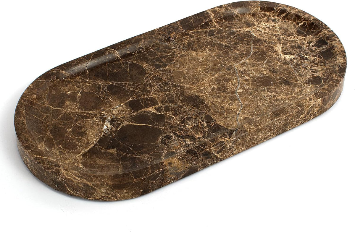 YMXYJM Genuine Real Natural Marble Tray for Bathroom, Luxury Dark Brown Stone Vanity Tray, Decorative Oval Trays for Countertop Storage, Vanity, Dresser, Kitchen, Home Decor, 11.8" x 6", Brown