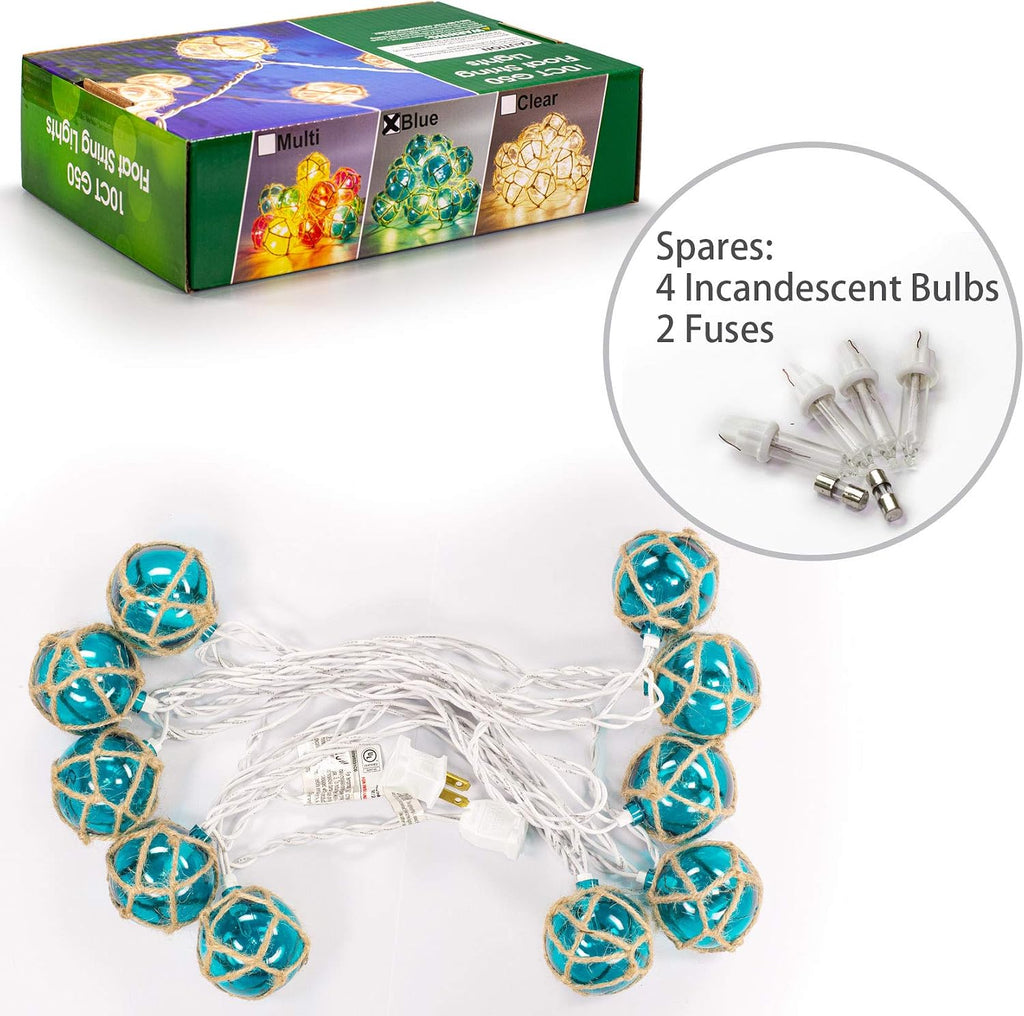 Brillarlights Blue Nautical String Lights Plug in, 10 Float Bulbs 9.8FT Beach Patio Decor, G50 Fishing Float Globes UL Certified, Connectable Coastal Lights for Lanai Deck Backyard Christmas Tree