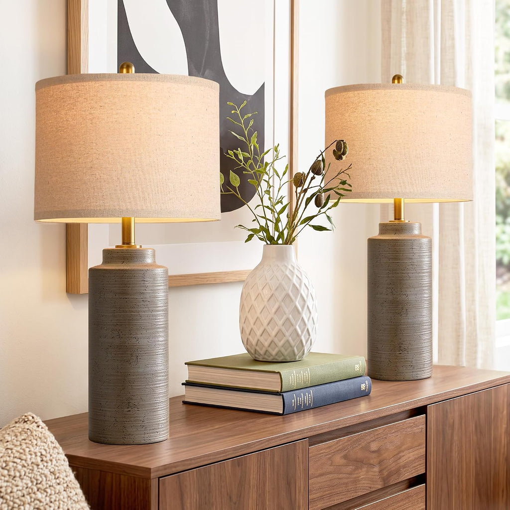 PARTPHONER 27" Vintage Ceramic Table Lamp Set of 2, Rustic Farmhouse Bedside Lamps with Ribbed Textured Finish, Greyish Brown Earth Tone Nightstand Lamps for Living Room Bedroom End Tables Home Decor