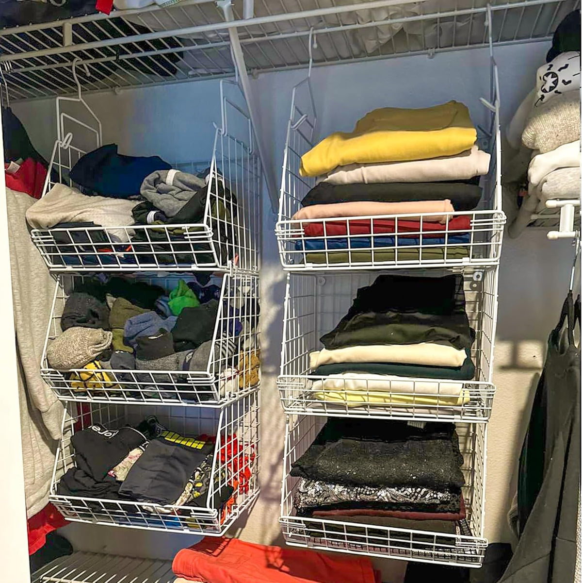 X-cosrack 3 Tier Foldable Closet Organizer, Clothes Shelves with 5 S Hooks, Wall Mount&Cabinet Wire Storage Basket Bins, for Clothing Sweaters Shoes Handbags Clutches Accessories-White Patent Design