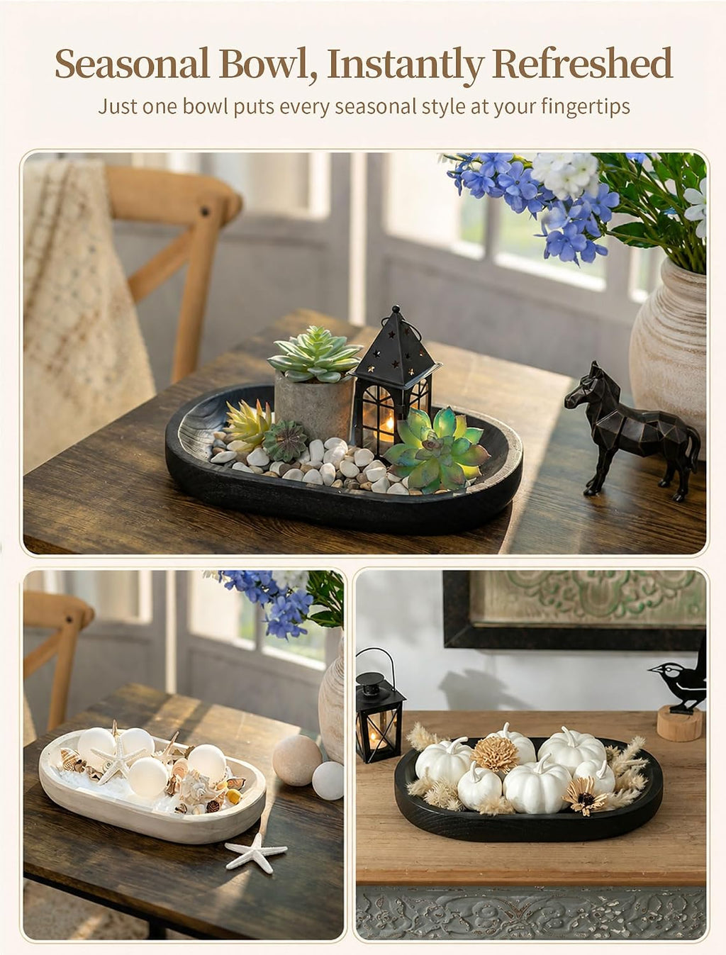 Hanobe Wooden Decorative Key Bowl for Coffee Table Decor, Rustic Black