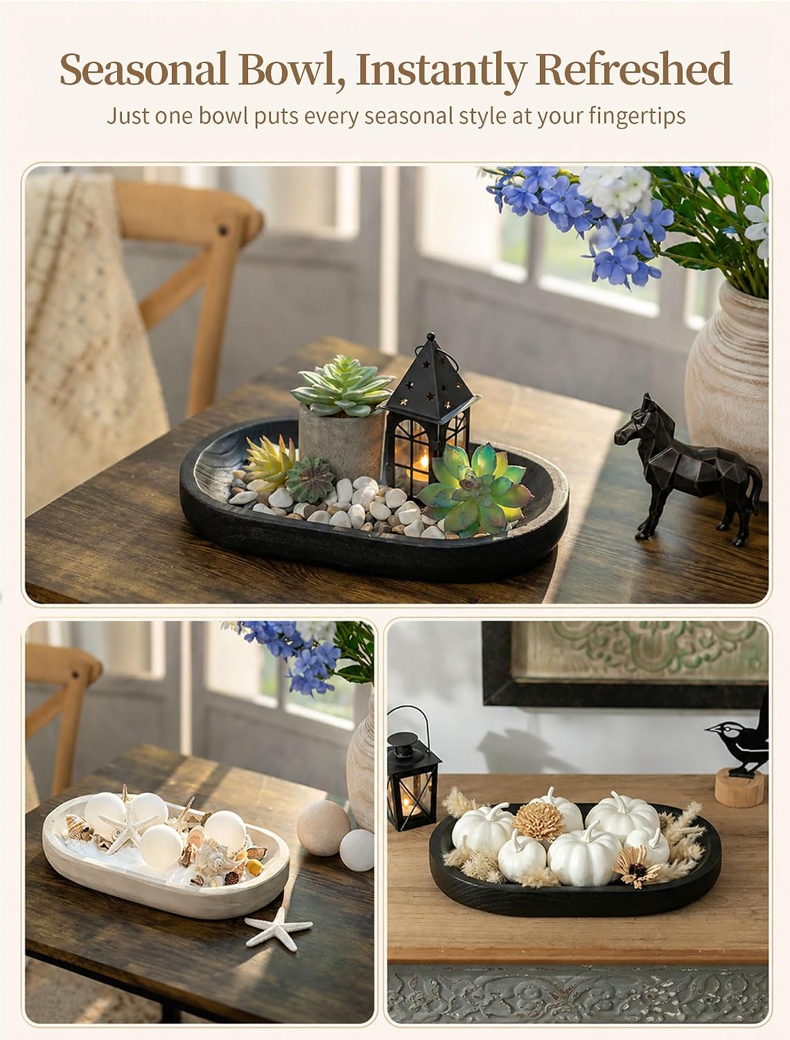 Hanobe Wooden Decorative Key Bowl for Coffee Table Decor, Rustic Black