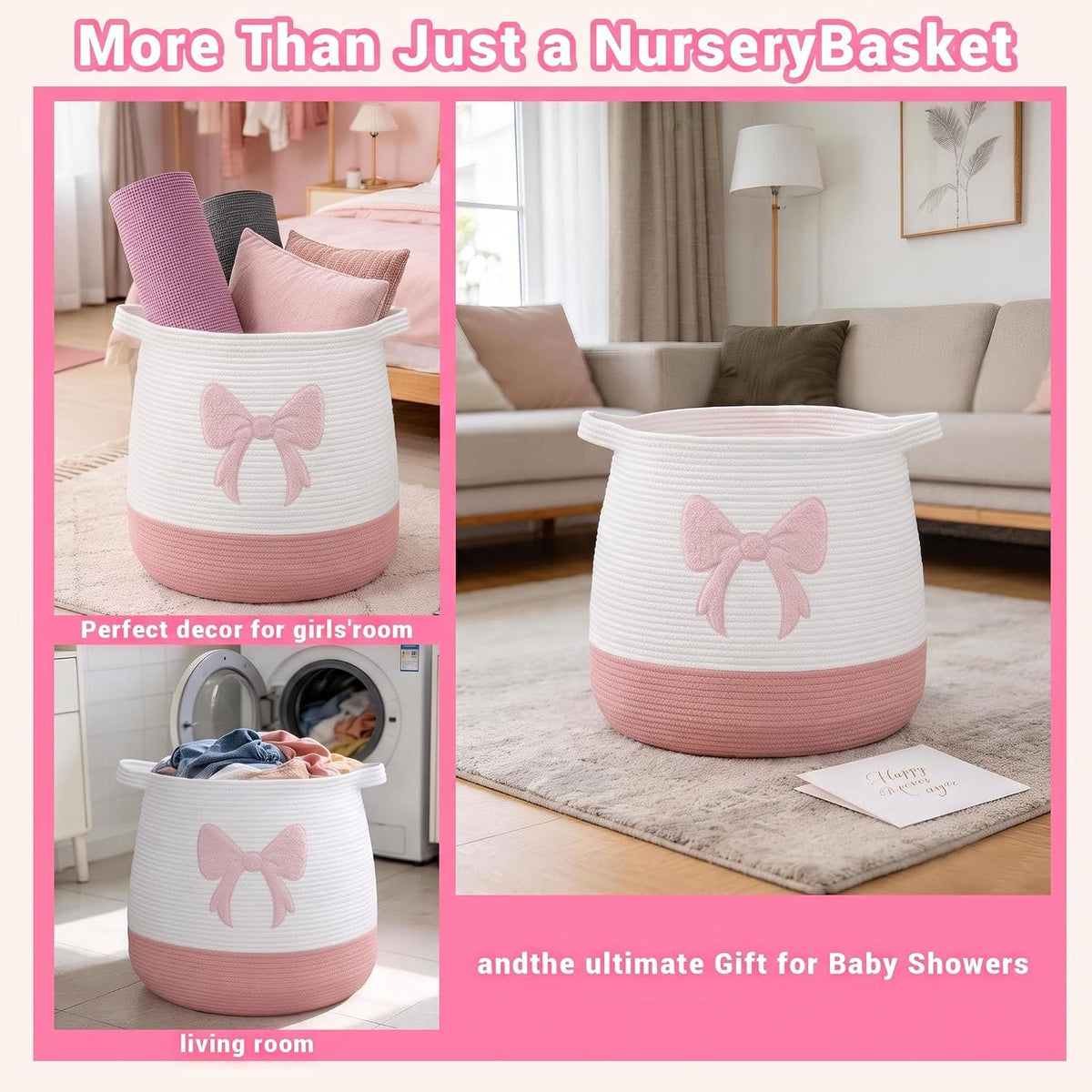 Large Cotton Rope Woven Storage Basket (17.7" x 16.9") - Decorative Round Laundry Hamper & Toy Organizer Bin with Handles for Nursery, Kid's Room and Blankets