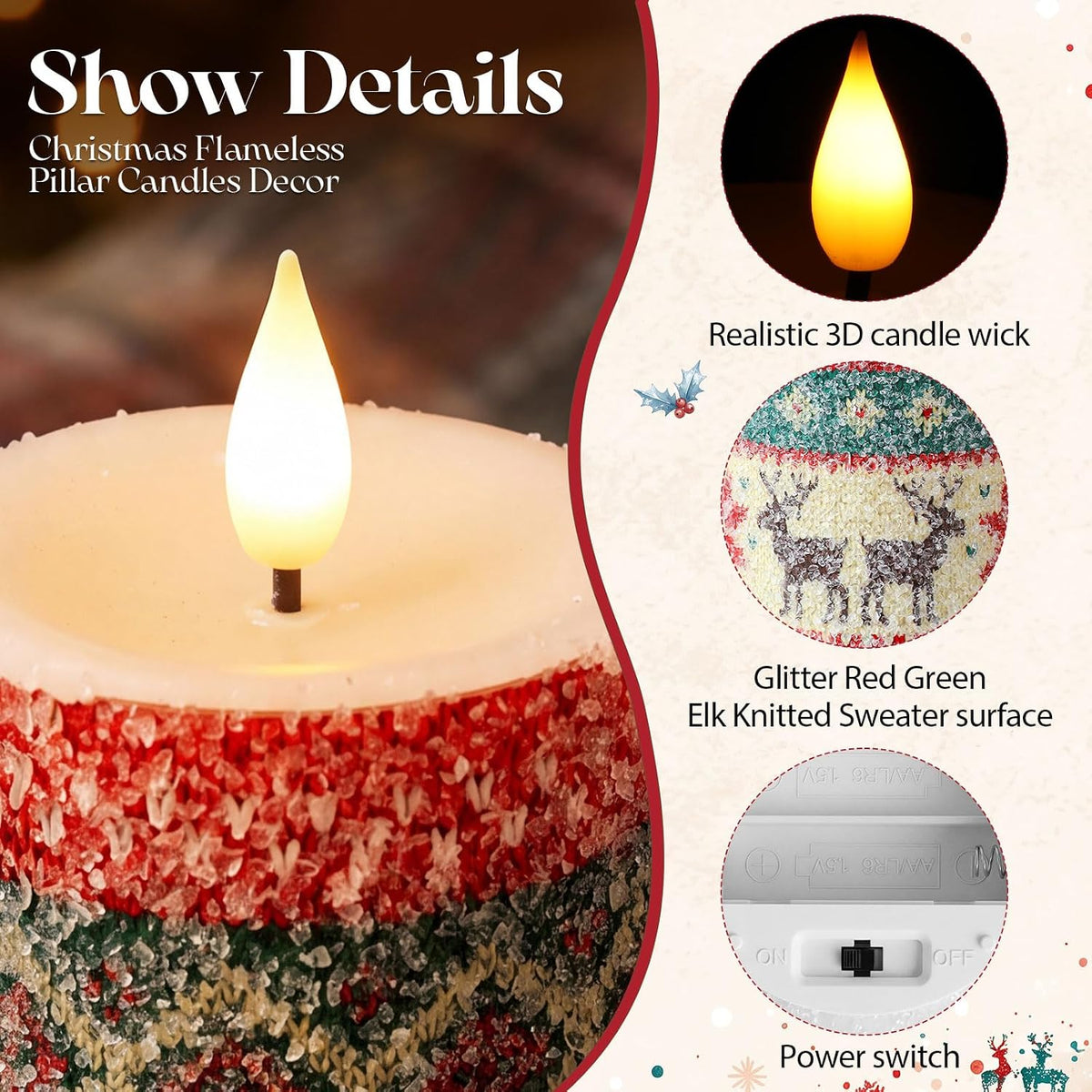 Retisee 3 Pcs Christmas Elk Knitted Sweater Flameless Candles 4" 5" 6"