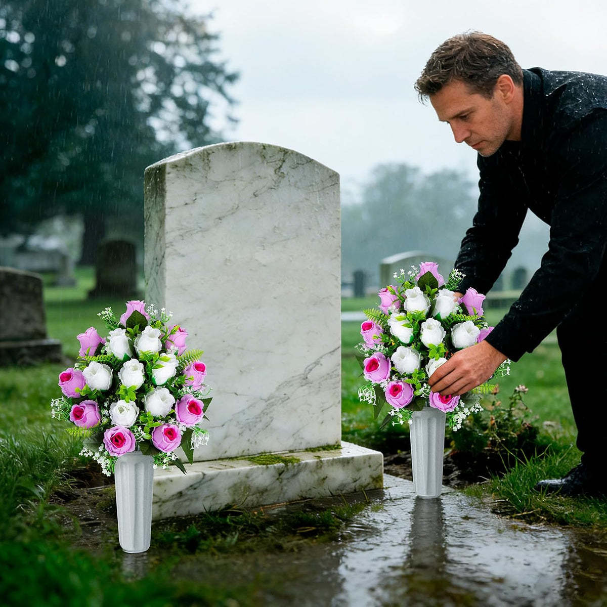Set of 2 Artificial Cemetery Flowers with Vase, Artificial Grave Flowers Outdoor Memorial Rose Bouquets for Cemetery Headstone Graveyard Decor (Pink White)