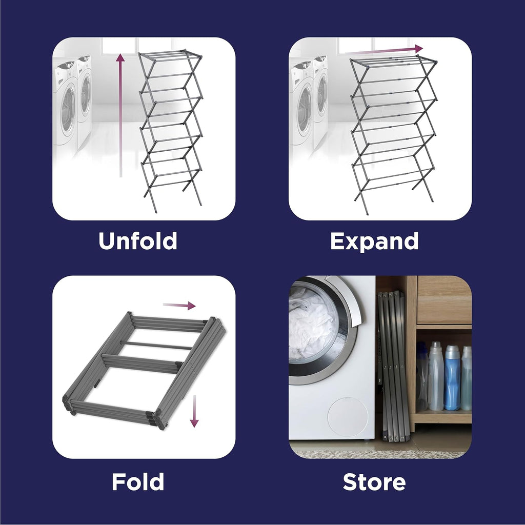 BLACK+DECKER 4-Tier Expandable Collapsible Clothes Drying Rack, Telescopic Height, Foldable Space-Saving Laundry Air Dryer for Towels, Shirts & Delicates – Durable Steel, No Tools Needed