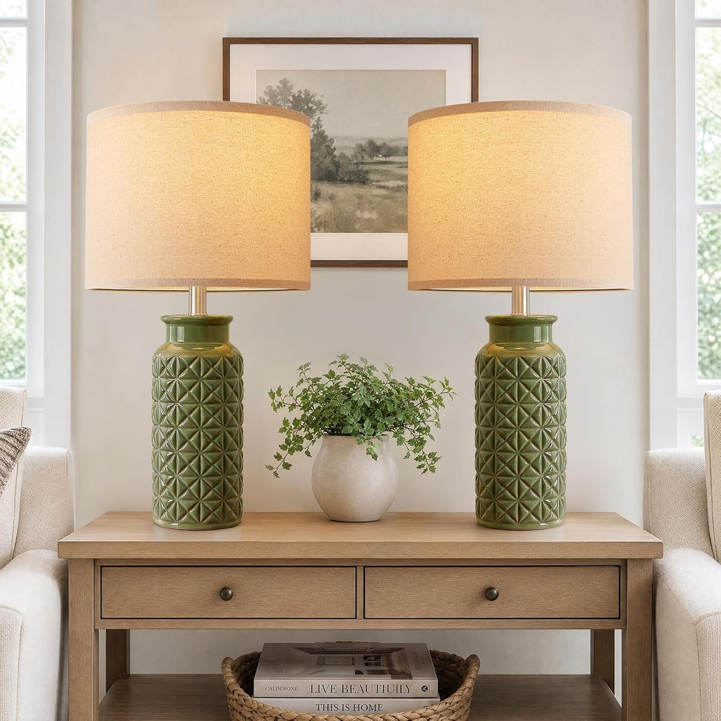 Innqoo 22.6" Modern Ceramic Bedside Lamps Set of 2, Lamps for Bedroom,Green
