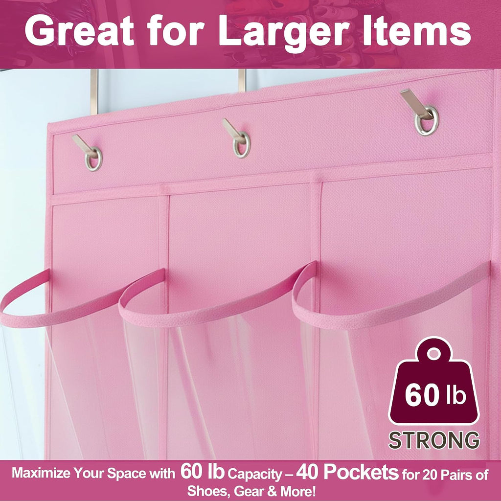 Over the Door Shoe Organizer with 40 Clear PVC Pockets – Waterproof Hanging Shoe Holder for Closet & Bathroom – Space-Saving Door Shoe Rack for Shoes, Toys, Toiletries & Snacks(Pink)