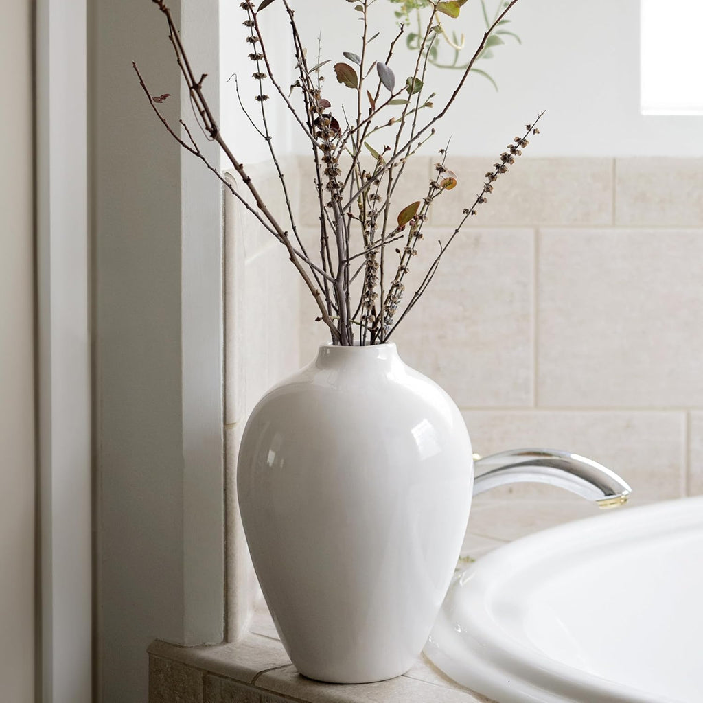 Willowy 10 Inch Elegant Glossy Porcelain Vase - White Ceramic Vase, Large Ceramic for Vases Home Decor, Tall White Decorative Vases for Pampas Grass