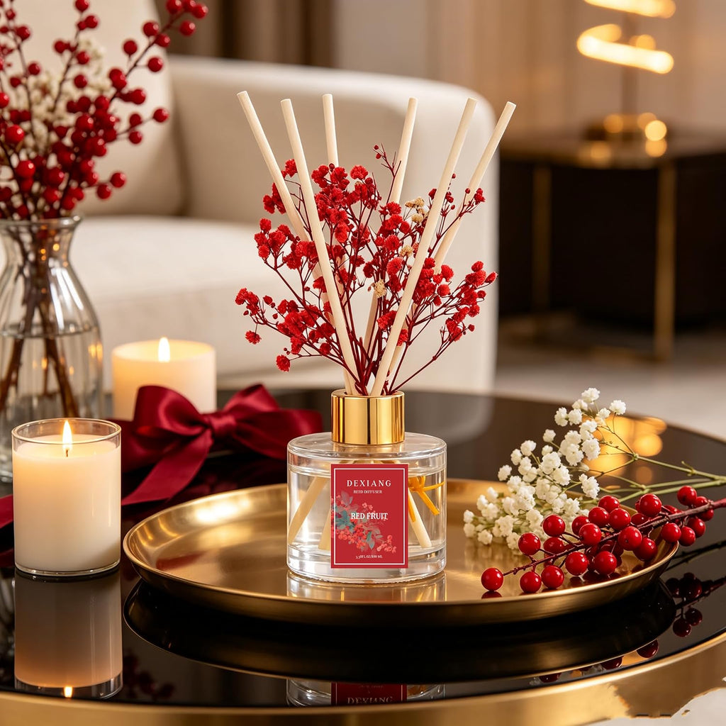Reed Diffuser Set,3.38 fl oz (100 ml) Red Berries Oil Diffusers with 6 Reed Sticks for Bathroom Shelf Decor Home Fragrance Reed Diffuser