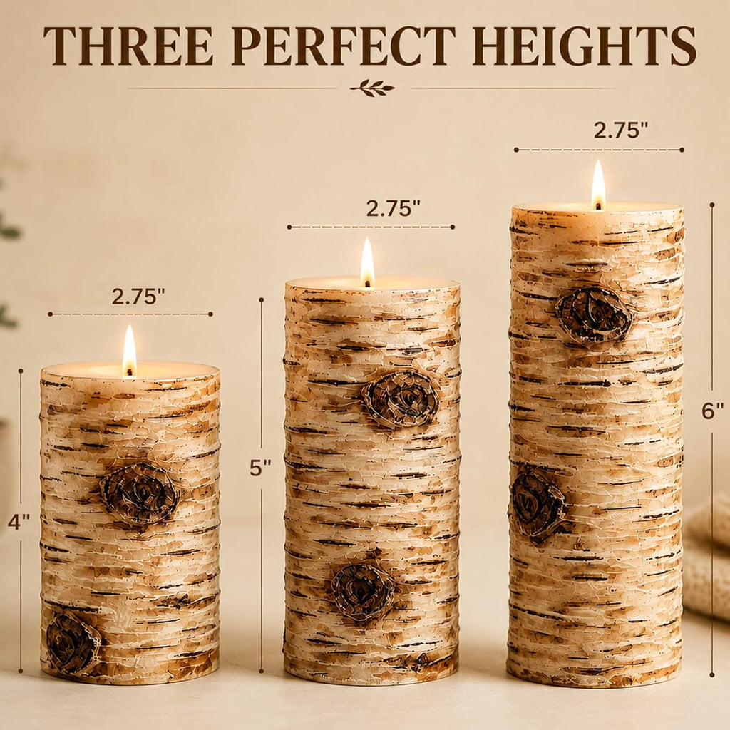 Rustic Birch Bark Pillar Candle Set of 3, Unscented Home Decor